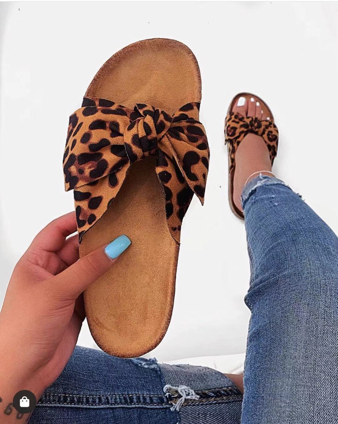 Big Ribbon Design Leopard Print Flat Slippers For Summer