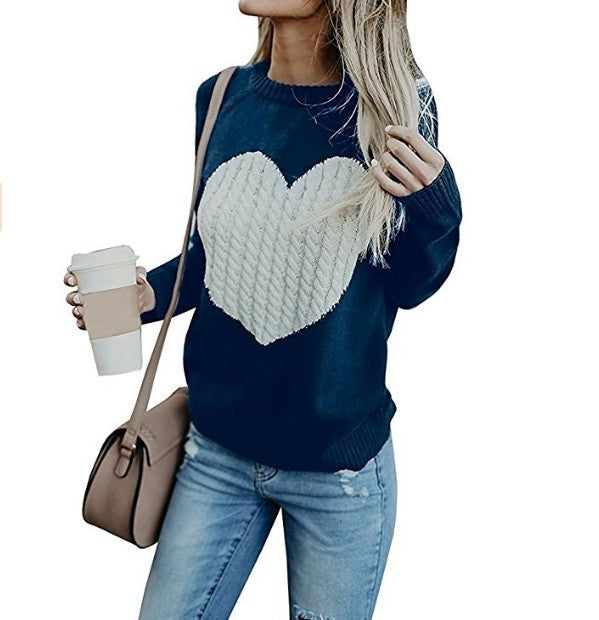 Women's Autumn & Winter Heart Pattern Pullover – Casual O-Neck Loose Knit Sweater