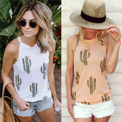 Summer Cactus Print Halter T-Shirt – Harajuku Casual Outfit for Women