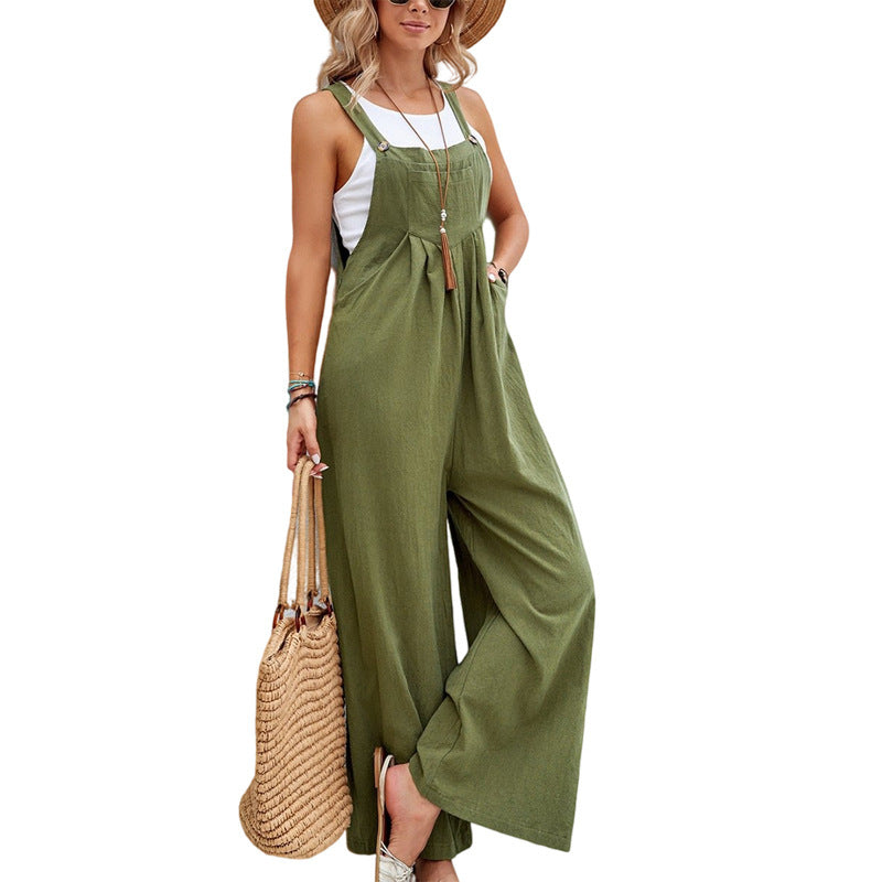 Loose-Fit Cotton Bib Overalls for Women – Casual Straight-Leg Romper Outfit