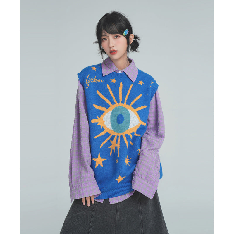 Knitted Sweater Vest for Women – Loose Fit Printed Knitwear in Blue & Purple