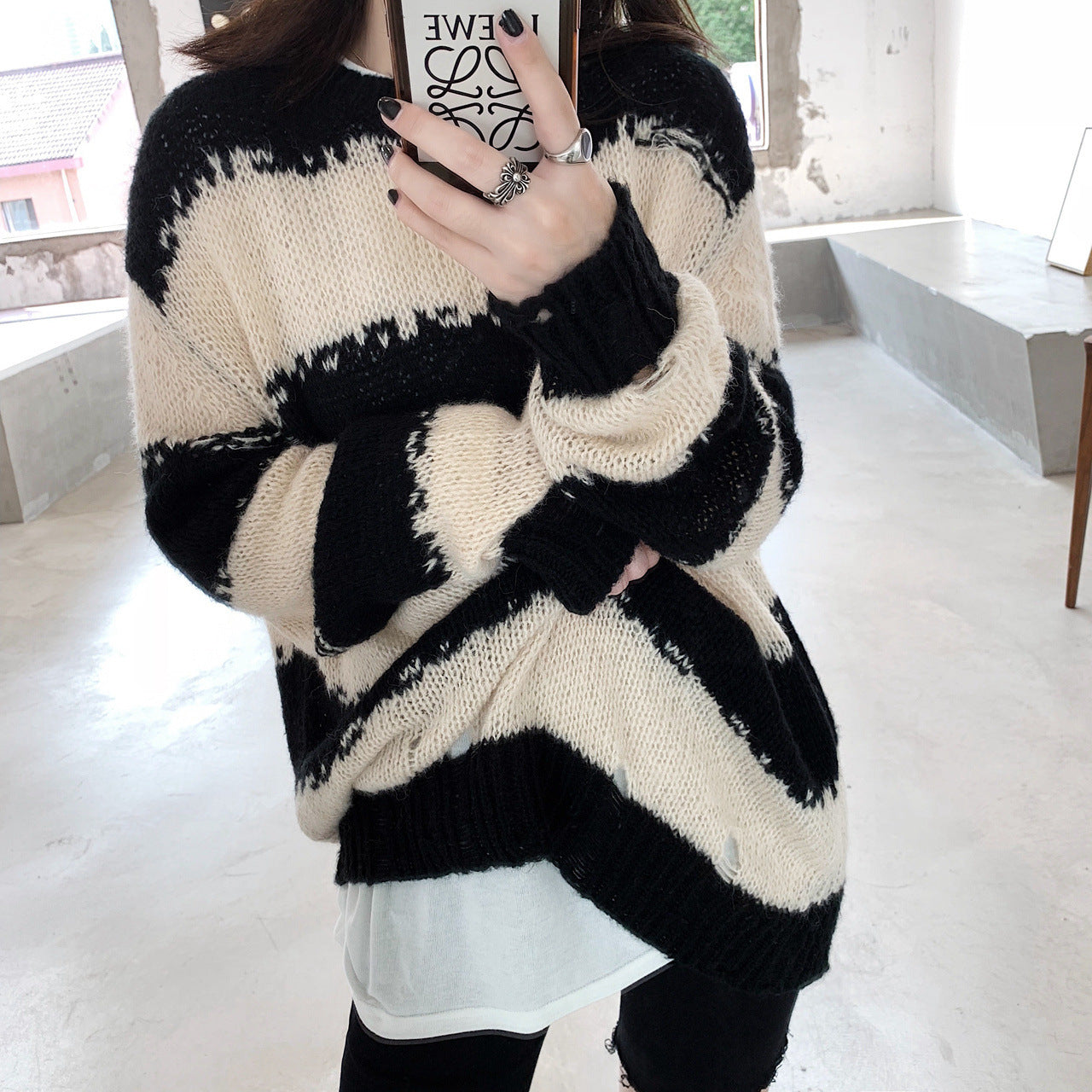 Multicolor Striped Loose Sweater – Casual Round Neck Knit Pullover for Women