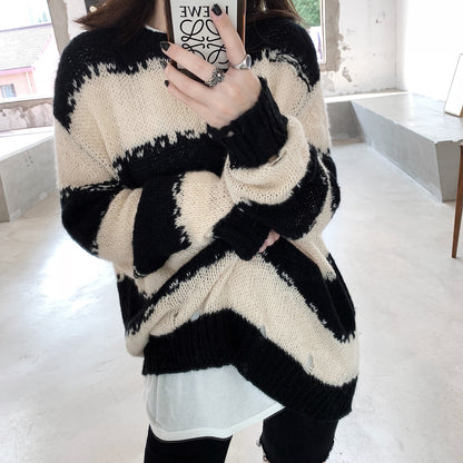 Multicolor Striped Loose Sweater – Casual Round Neck Knit Pullover for Women
