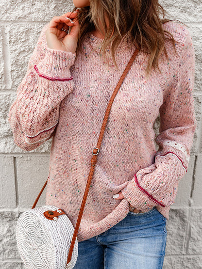 Chic Pink Hollow-Out Knit Pullover – Long Sleeve Urban Sweater for Women