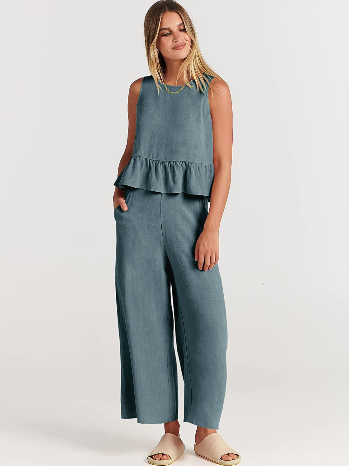 Pleated Sleeveless Vest & Wide-Leg Cropped Trousers Two-Piece Outfit Set | Chic Summer Vibes Style 2025
