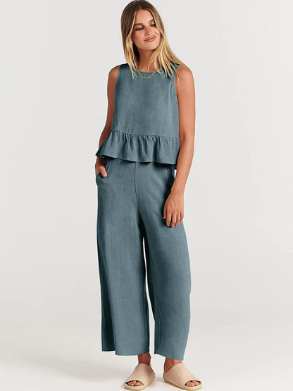 Pleated Sleeveless Vest & Wide-Leg Cropped Trousers Two-Piece Outfit Set | Chic Summer Vibes Style 2025