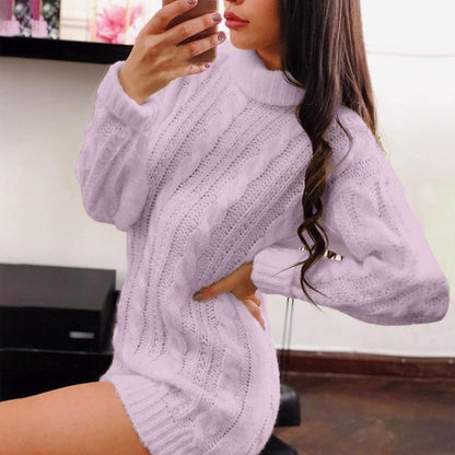 Autumn Winter Style Round Neck Long Sleeve Wrap Sweater Dresses