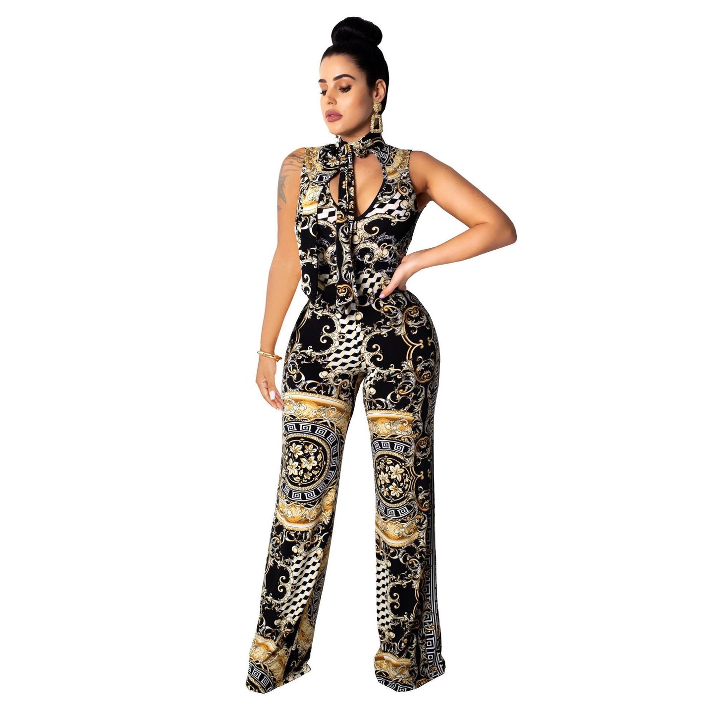 Women Ethnic Style Square Neck Sleeveless Jumpsuits