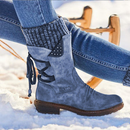 Women’s Mid-Calf Snow Boots | Martin-Inspired Microfiber Winter Boots with Rhinestone Accents