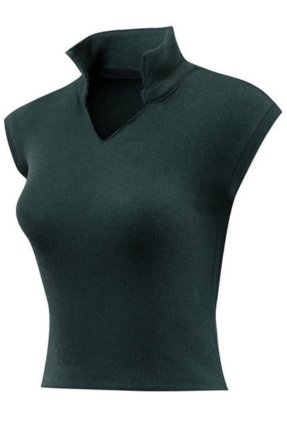 Dark green sleeveless top with a high collar on a white background