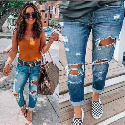 Distressed Ripped Mid-Rise Pencil Jeans – Slim Fit Denim for Women