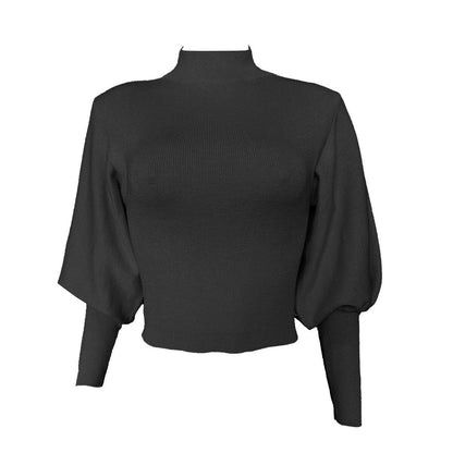 Solid Color Wool Turtleneck Sweater – Casual Knit Pullover with Lantern Sleeves