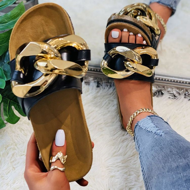Gold Chain Edge Decor Women Gorgeous Luxury Slipper Sandal