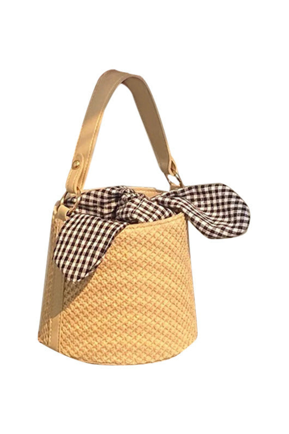 Woven handbag with a checkered ribbon on a white background