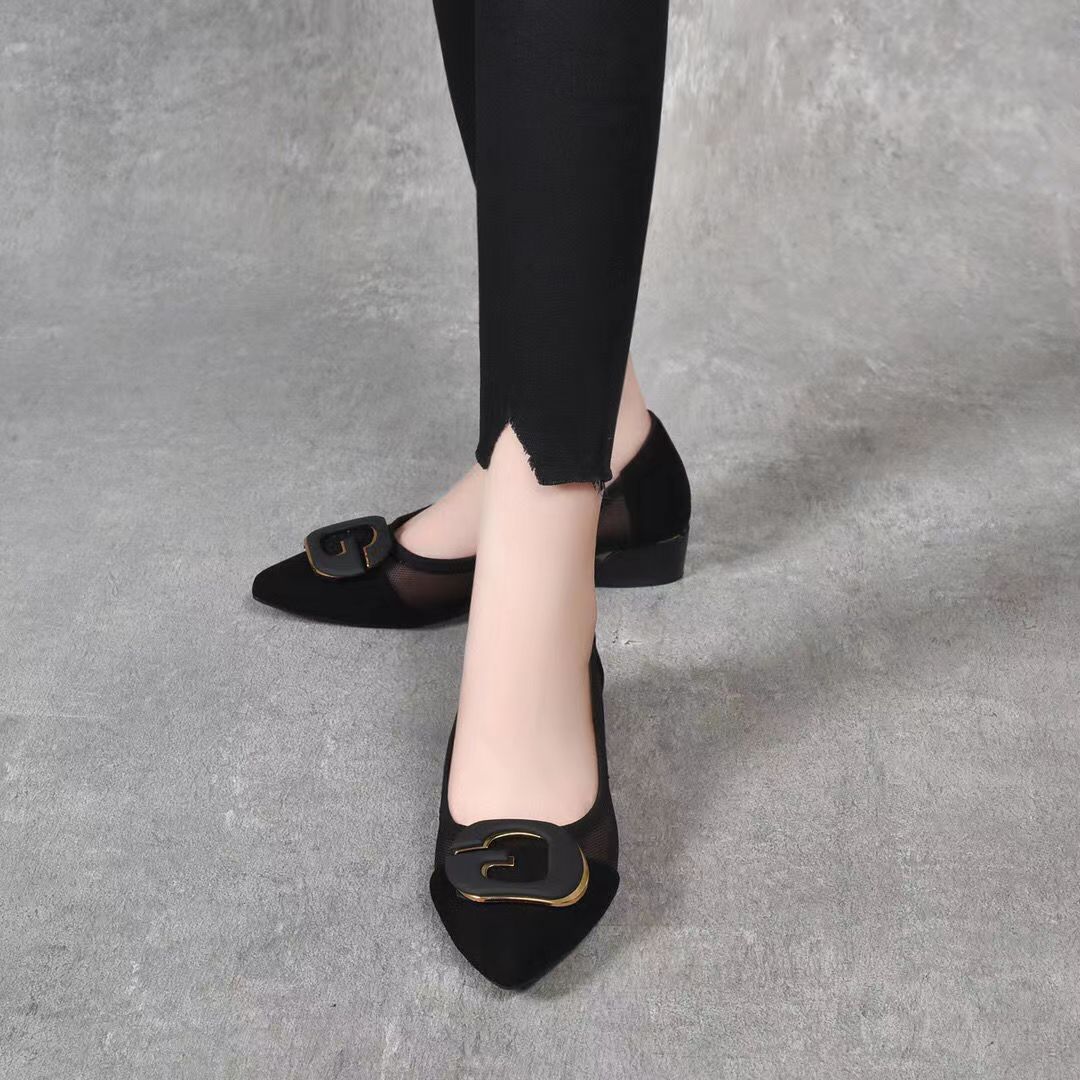 Metal Buckle Pointed-Toe Hollowed Pumps | Elegant Black Suede Heels