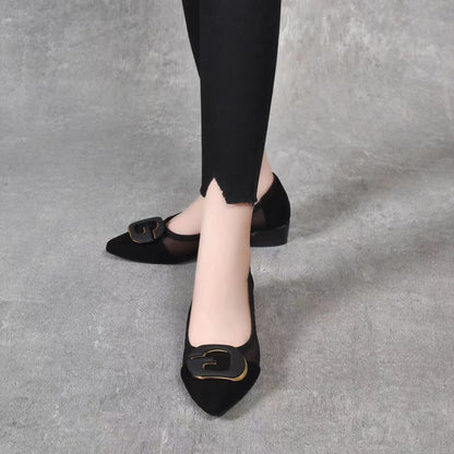 Metal Buckle Pointed-Toe Hollowed Pumps | Elegant Black Suede Heels