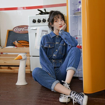 Elegant Turn Down Collar Women Denim Jumpsuit