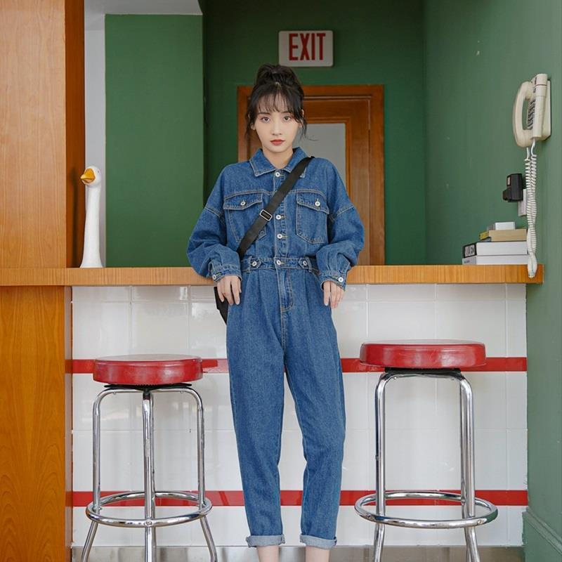 Elegant Turn Down Collar Women Denim Jumpsuit