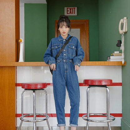 Elegant Turn Down Collar Women Denim Jumpsuit