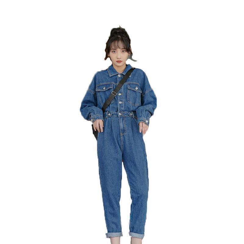 Elegant Turn Down Collar Women Denim Jumpsuit