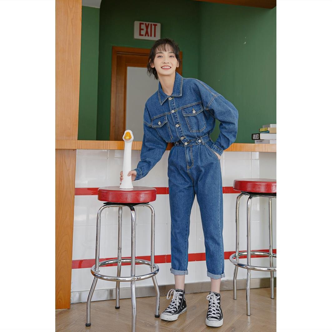 Elegant Turn Down Collar Women Denim Jumpsuit