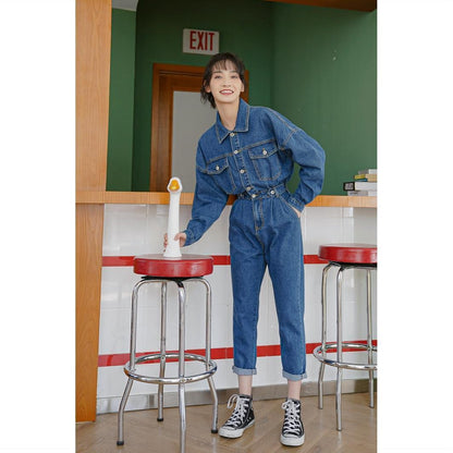 Elegant Turn Down Collar Women Denim Jumpsuit