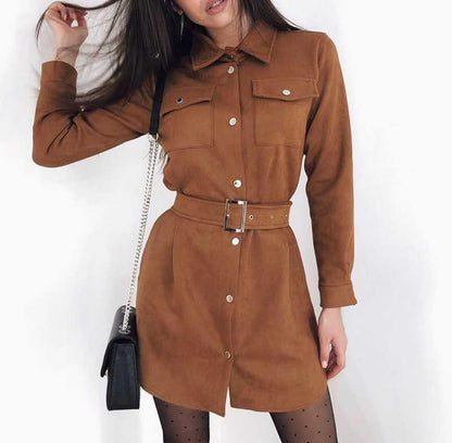 Early Autumn Office Lady Dress Long Sleeve Single Breasted With Belt