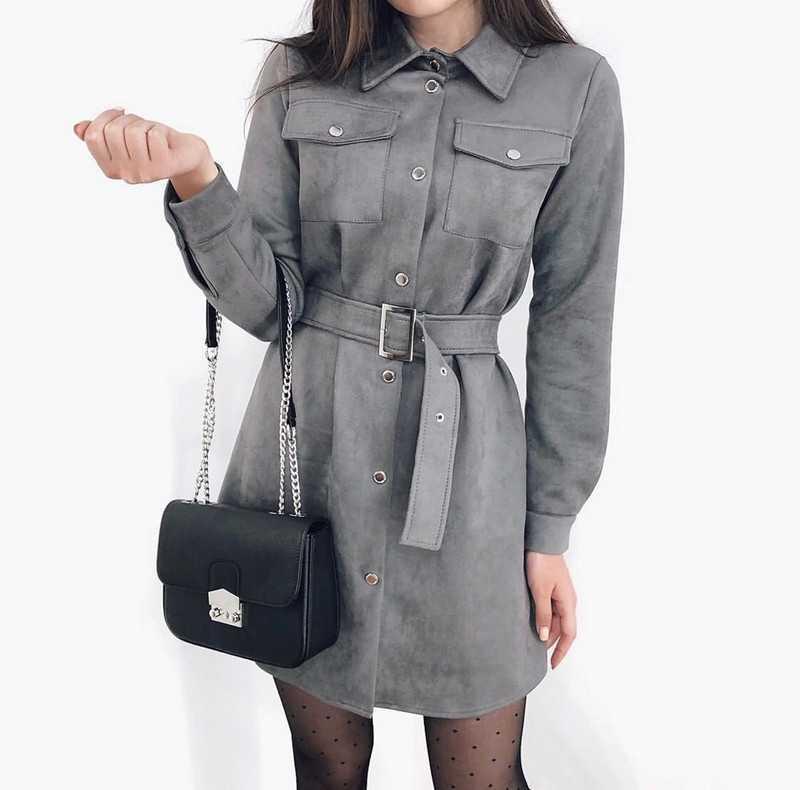 Early Autumn Office Lady Dress Long Sleeve Single Breasted With Belt