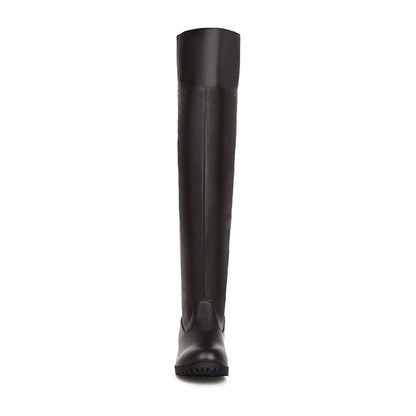 Stretch Over-the-Knee Boots for Women | PU Leather Thick Heel Long High Boots