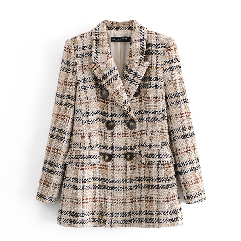 Women Double Breasted Chic Plaid Coats