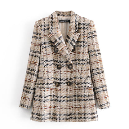Women Double Breasted Chic Plaid Coats