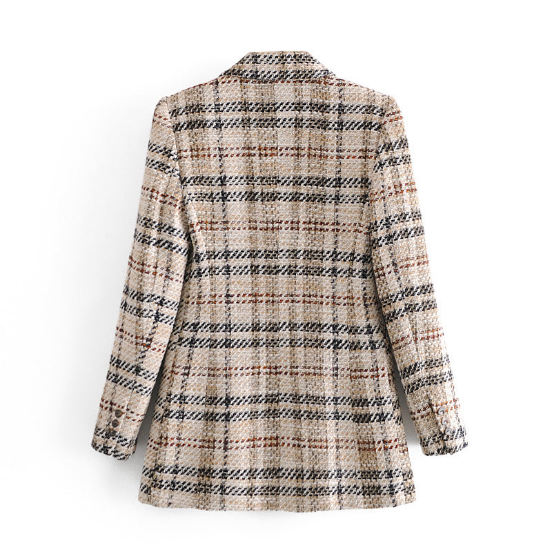 Women Double Breasted Chic Plaid Coats