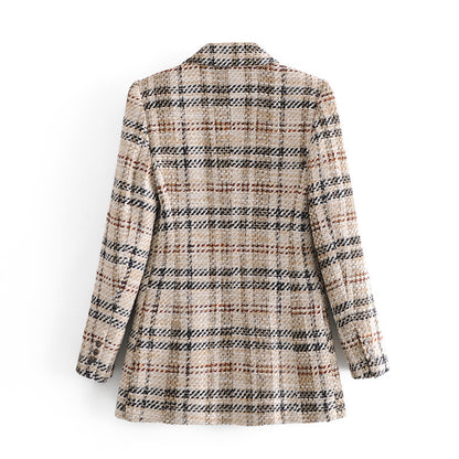 Women Double Breasted Chic Plaid Coats