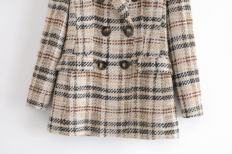 Women Double Breasted Chic Plaid Coats