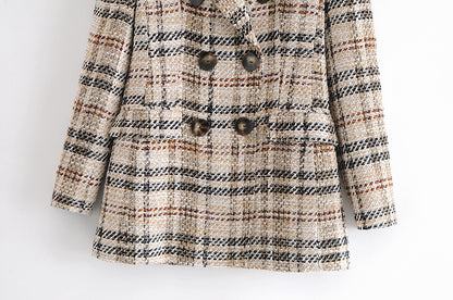 Women Double Breasted Chic Plaid Coats