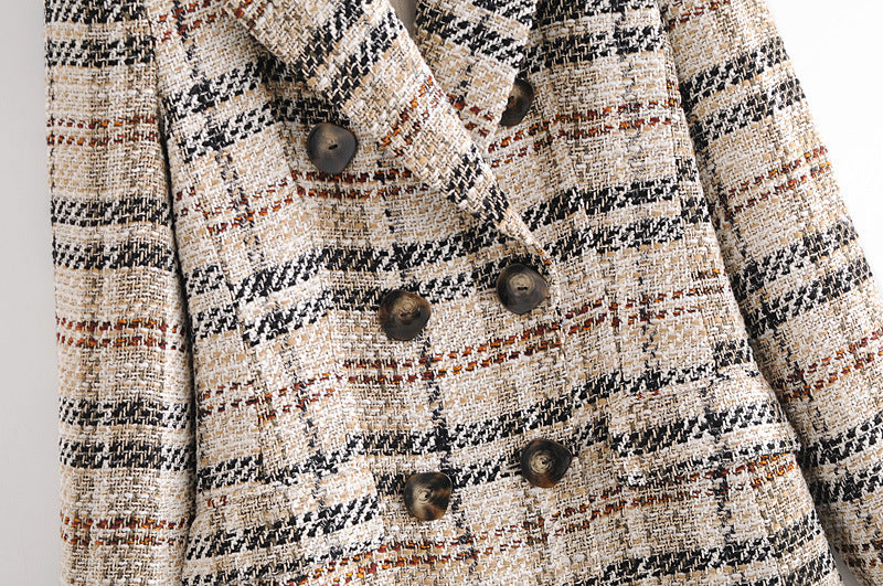 Women Double Breasted Chic Plaid Coats