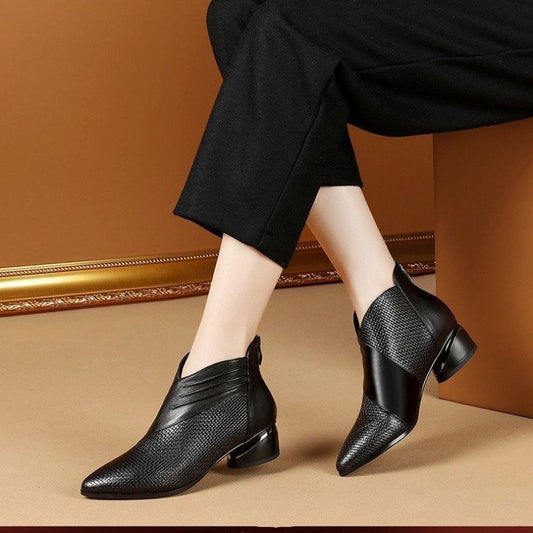 Short PU Leather Mid Heel Black Women Ankle Boots