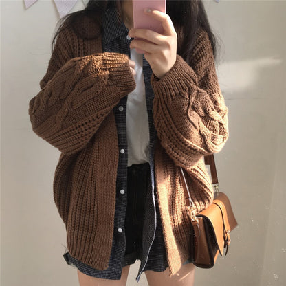 One Size Brown Knit Cardigan Sweater