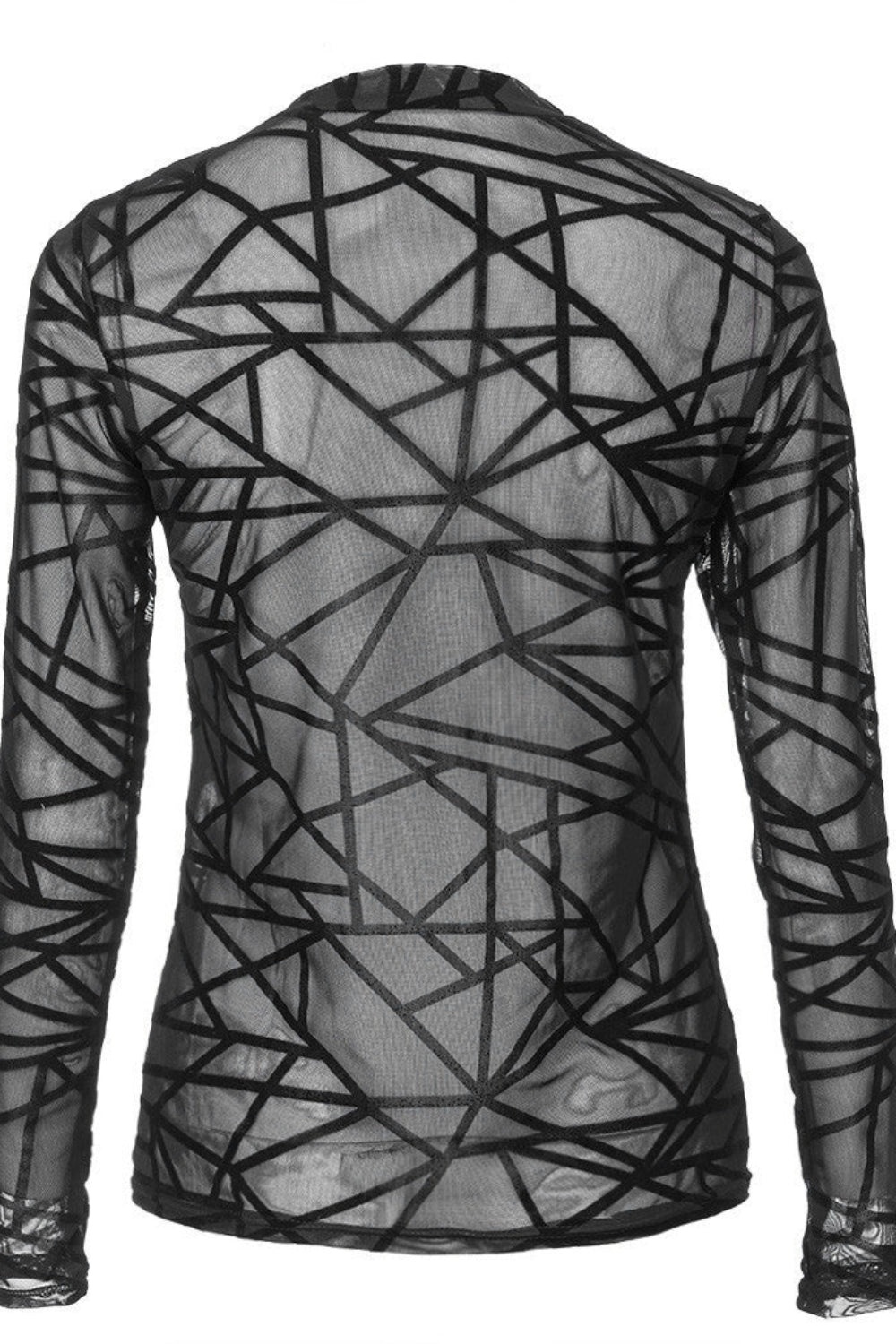 Black geometric mesh long-sleeve top on a white background