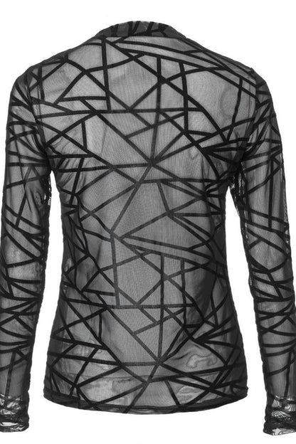 Black geometric mesh long-sleeve top on a white background