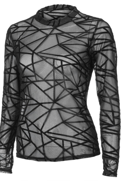 Black geometric mesh long-sleeve top on a white background