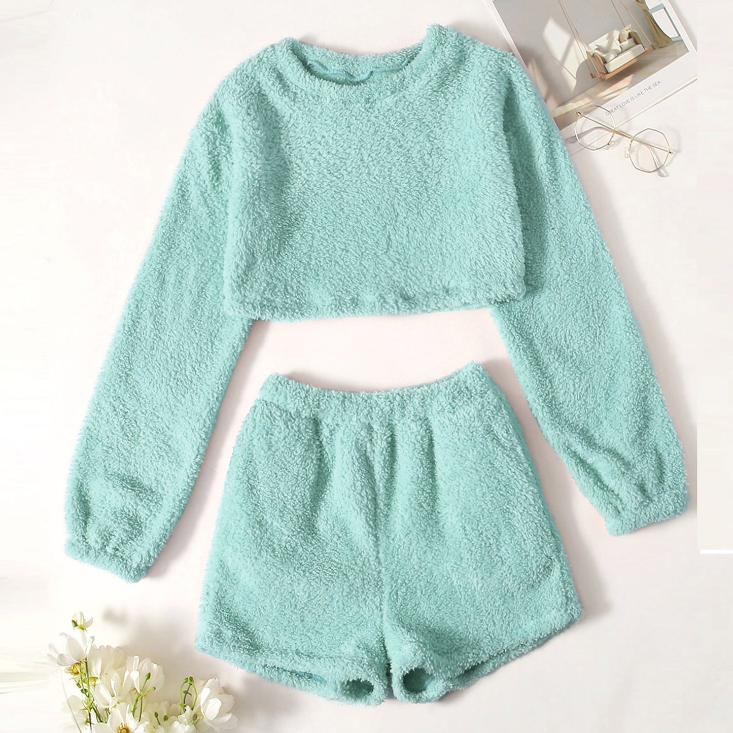 Two Pieces Long Sleeve Top Waffle Shorts Pajama Sets
