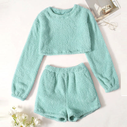 Two Pieces Long Sleeve Top Waffle Shorts Pajama Sets