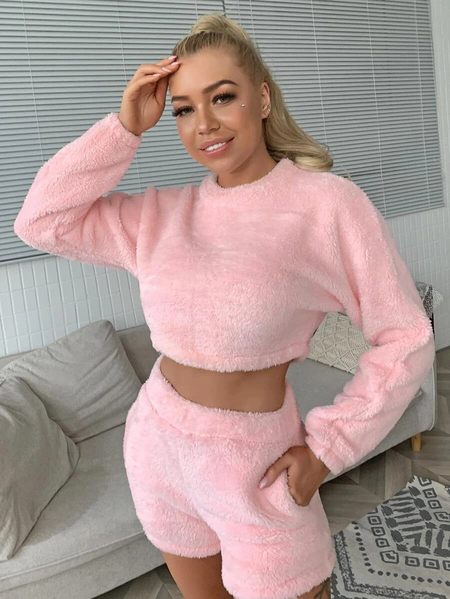 Two Pieces Long Sleeve Top Waffle Shorts Pajama Sets