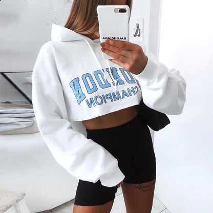 Long Sleeve Cropped Hoodie – Blue Letter Print, White, Slim Fit & Comfortable