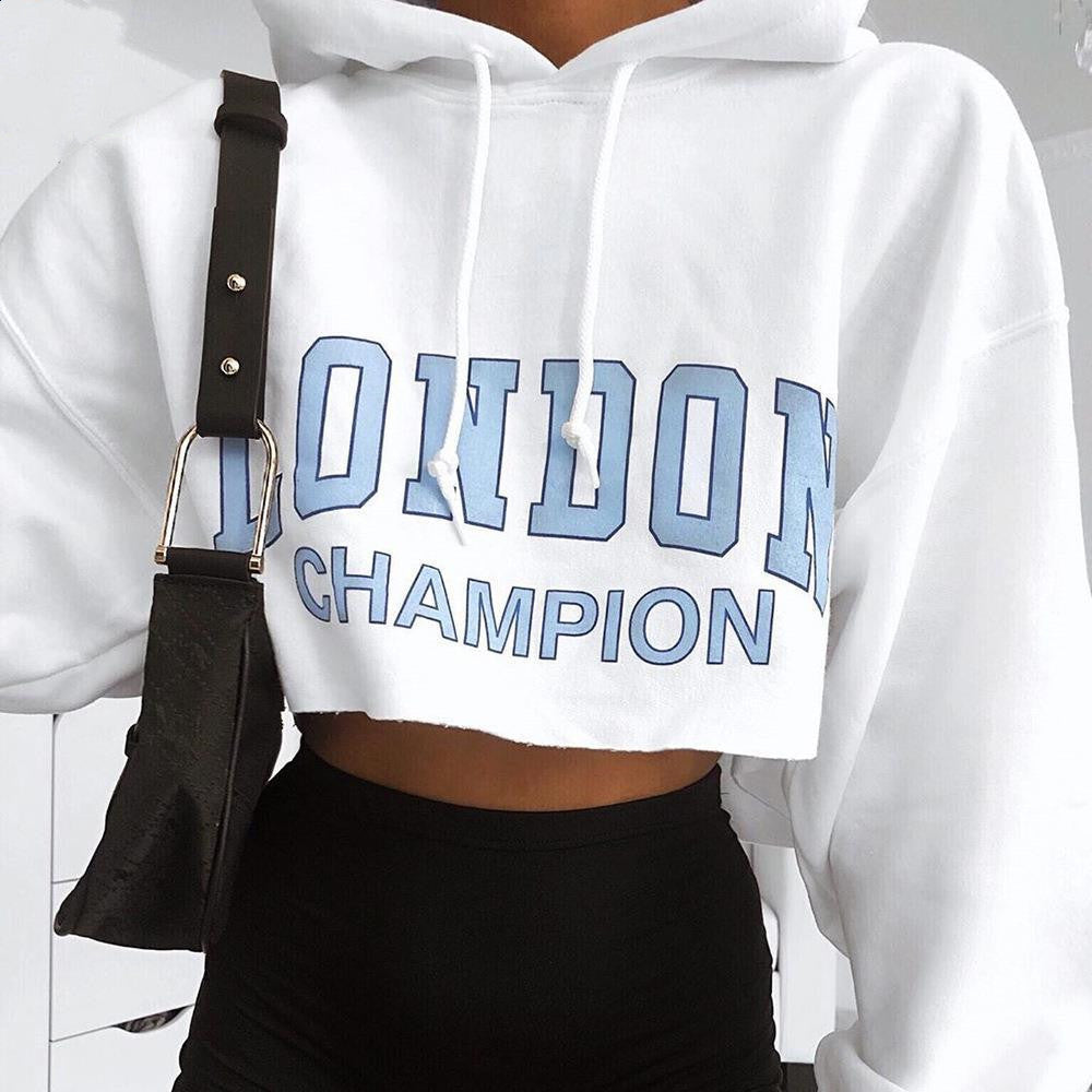 Long Sleeve Cropped Hoodie – Blue Letter Print, White, Slim Fit & Comfortable