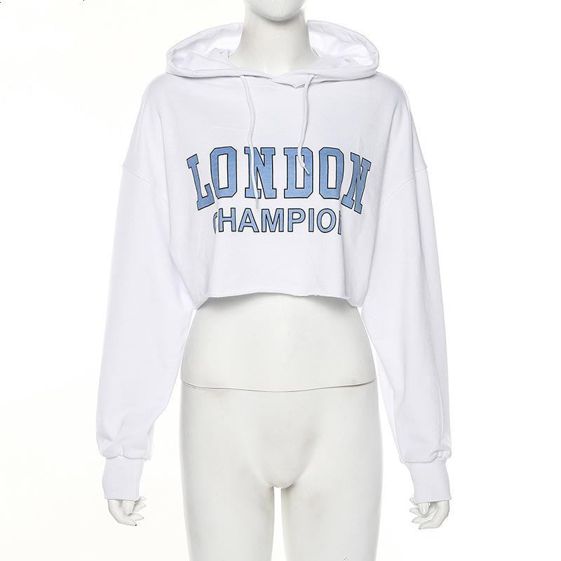 Long Sleeve Cropped Hoodie – Blue Letter Print, White, Slim Fit & Comfortable