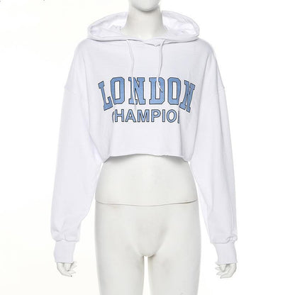 Long Sleeve Cropped Hoodie – Blue Letter Print, White, Slim Fit & Comfortable