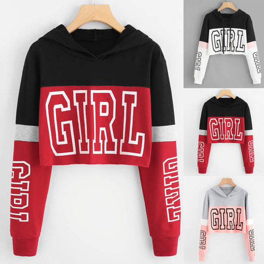 Patchwork Letter Crop Hoodie – Sweet & Sporty Style for Women