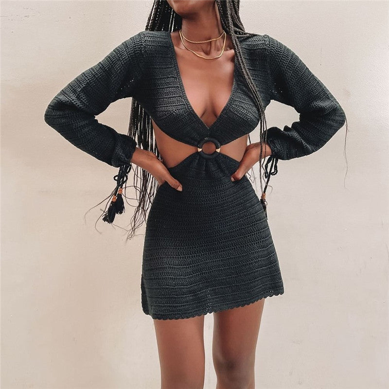 Lace Solid Plus Size Cotton Dress | Elegant Long Sleeve Dress for Women